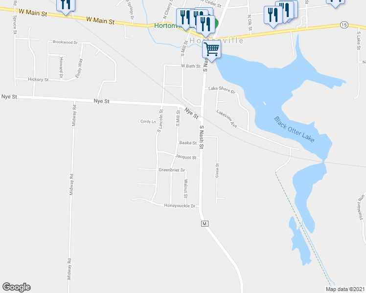 map of restaurants, bars, coffee shops, grocery stores, and more near 140 Baake Street in Hortonville