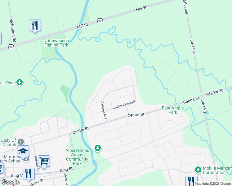 map of restaurants, bars, coffee shops, grocery stores, and more near 85 Latimer Avenue in Angus