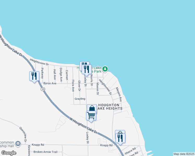 map of restaurants, bars, coffee shops, grocery stores, and more near 111 Heightsview Drive in Houghton Lake
