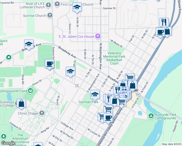 map of restaurants, bars, coffee shops, grocery stores, and more near 625 West Park Row Street in Saint Peter