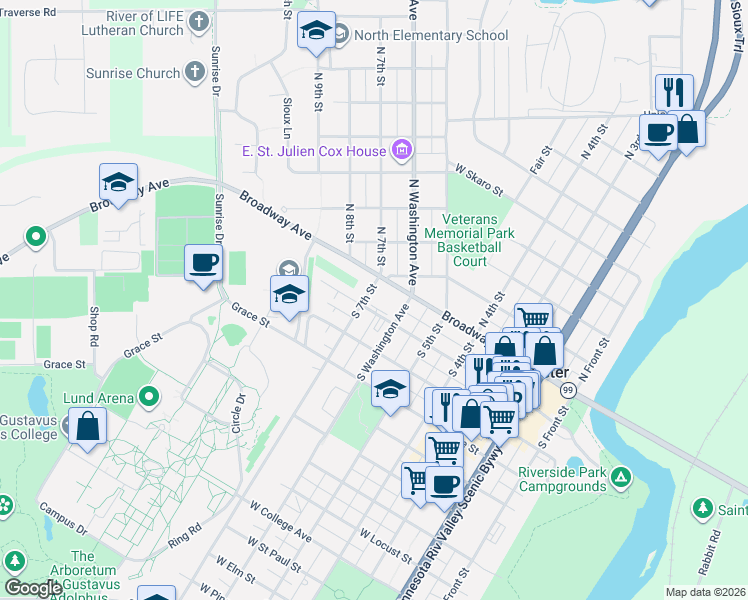 map of restaurants, bars, coffee shops, grocery stores, and more near 625 West Park Row Street in Saint Peter