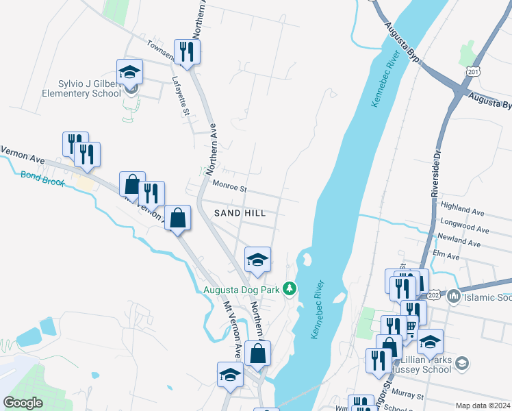 map of restaurants, bars, coffee shops, grocery stores, and more near 29 Franklin Street in Augusta