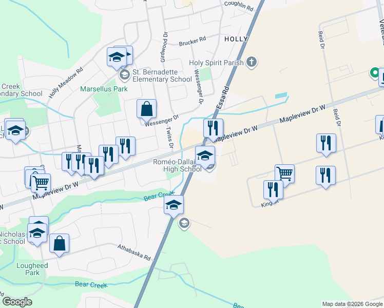 map of restaurants, bars, coffee shops, grocery stores, and more near 377 Mapleview Drive West in Barrie