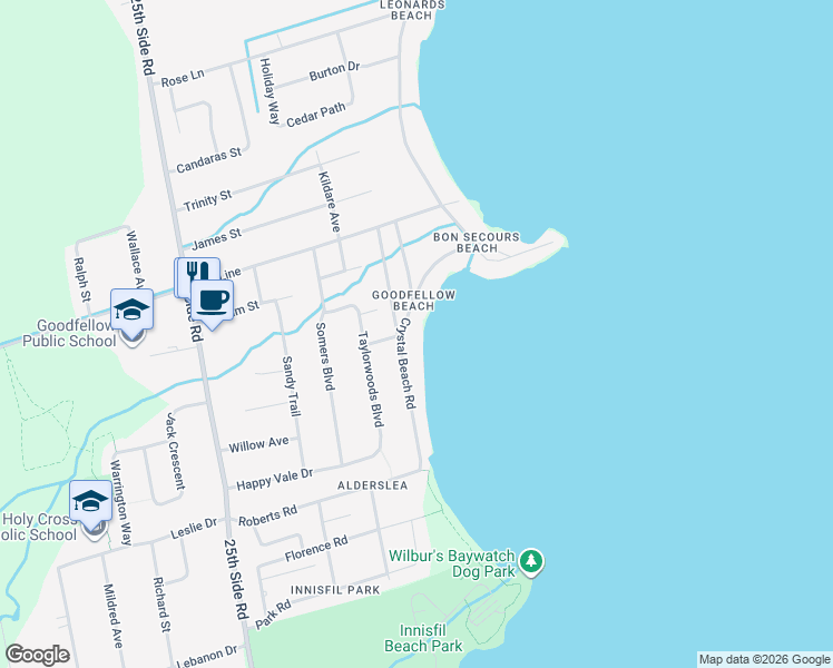 map of restaurants, bars, coffee shops, grocery stores, and more near 2319 Crystal Beach Road in Innisfil