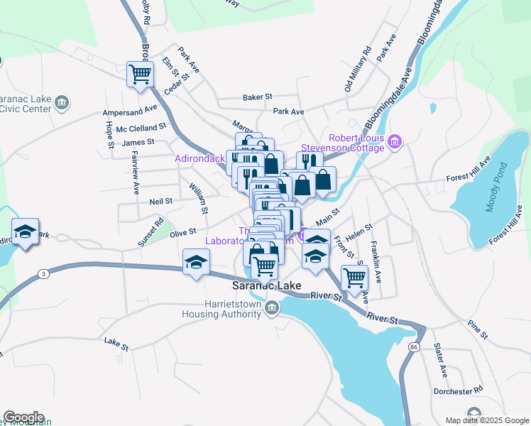 map of restaurants, bars, coffee shops, grocery stores, and more near 28 Broadway Street in Saranac Lake