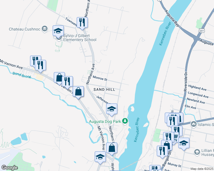 map of restaurants, bars, coffee shops, grocery stores, and more near 33 Franklin Street in Augusta