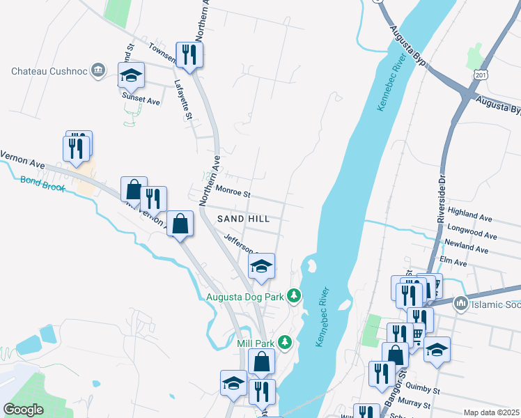 map of restaurants, bars, coffee shops, grocery stores, and more near 28 Franklin Street in Augusta