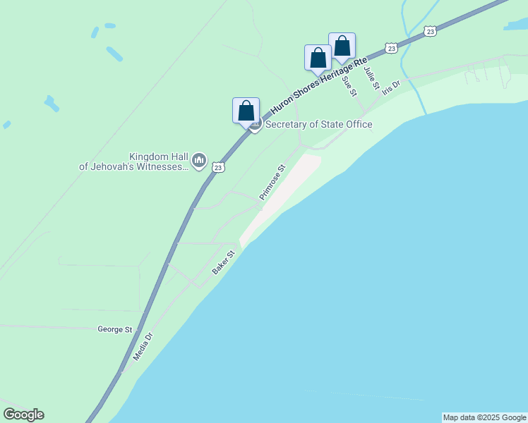 map of restaurants, bars, coffee shops, grocery stores, and more near 1600-1712 Primrose Street in East Tawas