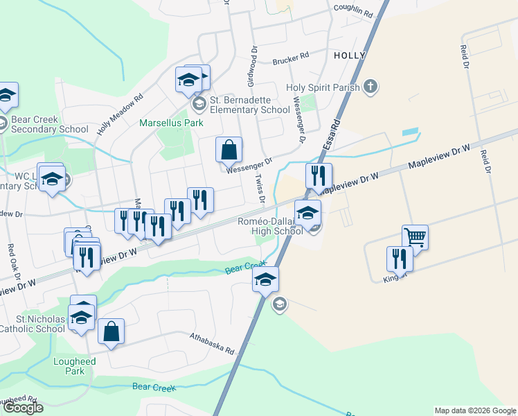 map of restaurants, bars, coffee shops, grocery stores, and more near 2 Twiss Drive in Barrie