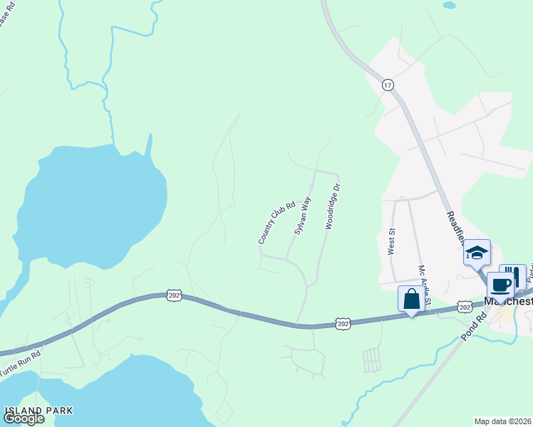 map of restaurants, bars, coffee shops, grocery stores, and more near 8 Sylvan Way in Manchester