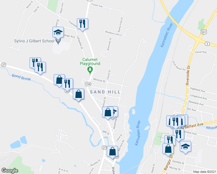 map of restaurants, bars, coffee shops, grocery stores, and more near 28 Franklin Street in Augusta