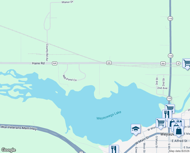 map of restaurants, bars, coffee shops, grocery stores, and more near E5617 County Road AA in Weyauwega