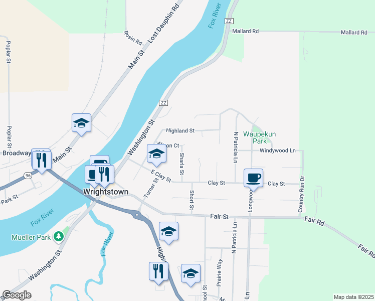 map of restaurants, bars, coffee shops, grocery stores, and more near 346 Sharla Street in Wrightstown