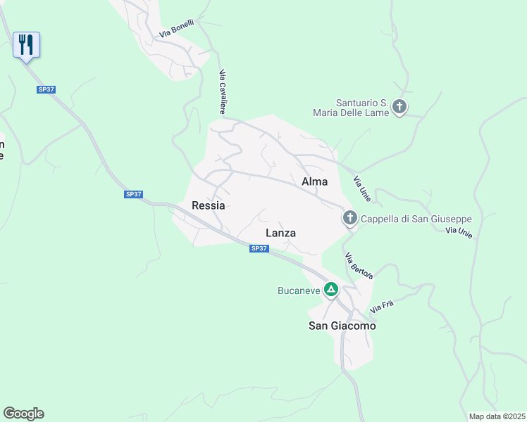 map of restaurants, bars, coffee shops, grocery stores, and more near Via Ressia in Provincia di Cuneo