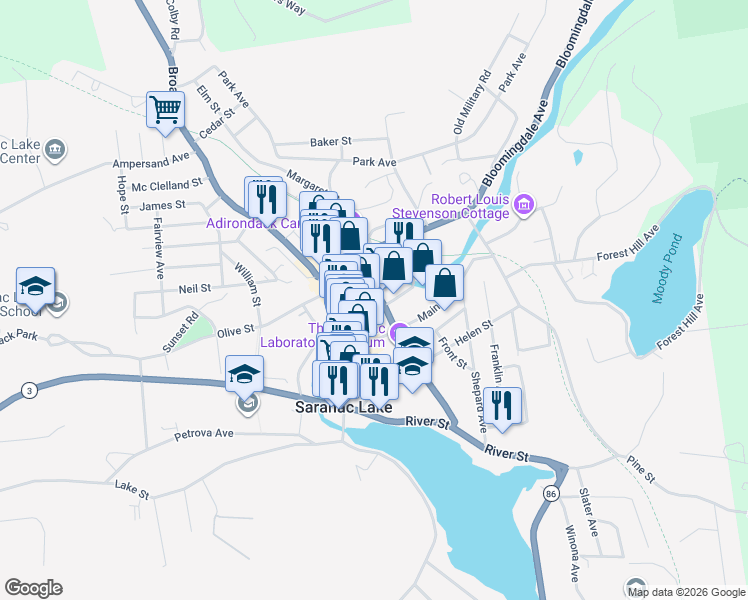map of restaurants, bars, coffee shops, grocery stores, and more near 139 Church St in Saranac Lake