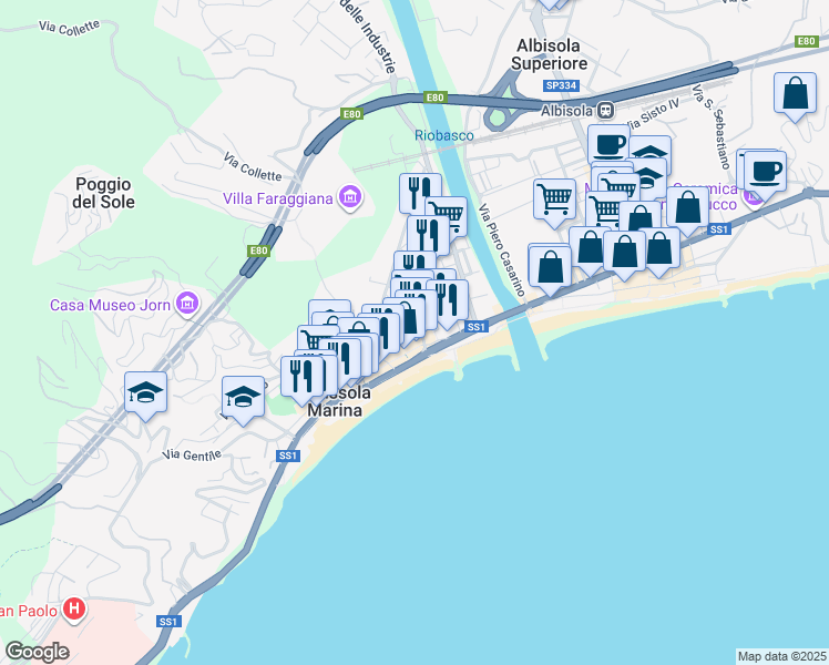 map of restaurants, bars, coffee shops, grocery stores, and more near 4 Via Garbarino in Albissola Marina