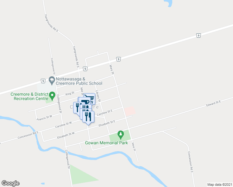 map of restaurants, bars, coffee shops, grocery stores, and more near 154 Mary Street in Creemore