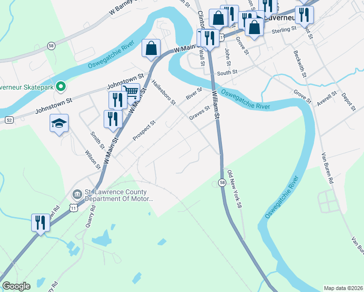 map of restaurants, bars, coffee shops, grocery stores, and more near 11 Helena Street in Gouverneur