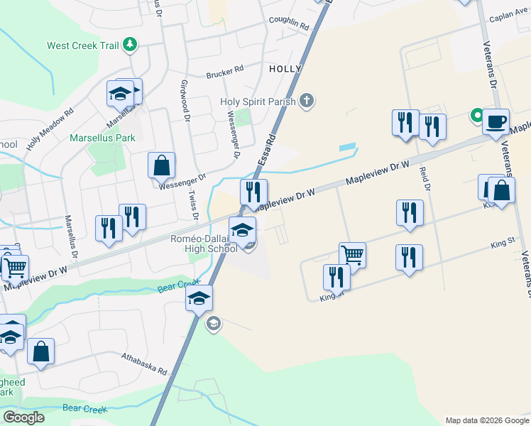 map of restaurants, bars, coffee shops, grocery stores, and more near 355 Mapleview Drive West in Barrie