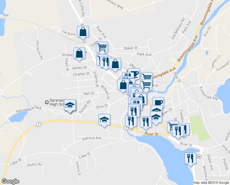 map of restaurants, bars, coffee shops, grocery stores, and more near 234 Neil Street in Saranac Lake