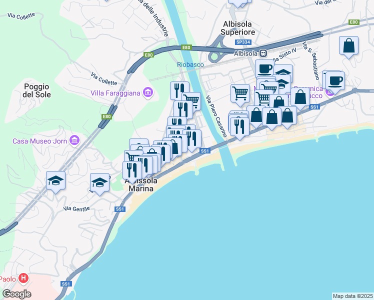 map of restaurants, bars, coffee shops, grocery stores, and more near 41 Via del Forte in Albissola Marina