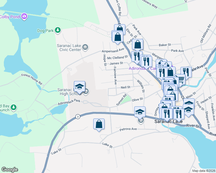 map of restaurants, bars, coffee shops, grocery stores, and more near 105 Mc Intyre Street in Saranac Lake
