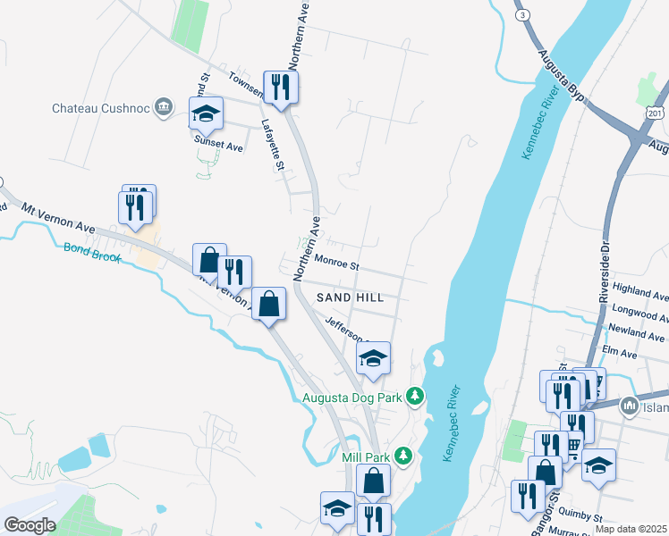 map of restaurants, bars, coffee shops, grocery stores, and more near 57 River Street in Augusta