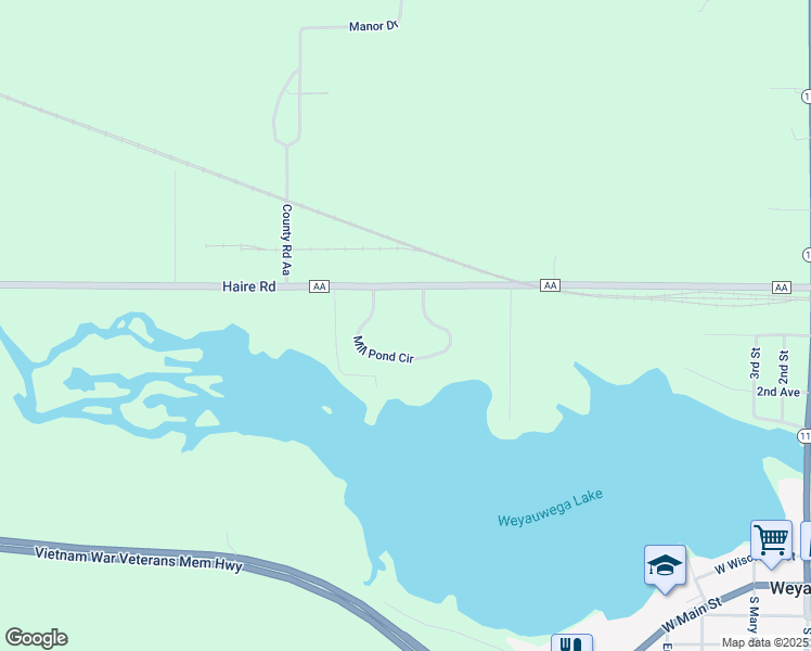 map of restaurants, bars, coffee shops, grocery stores, and more near 1002 Mill Pond Circle in Weyauwega