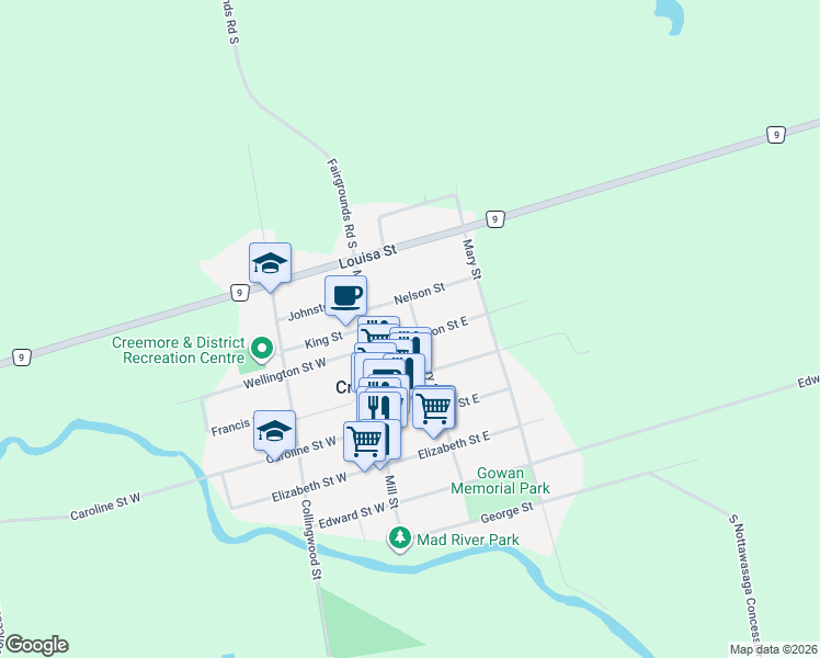 map of restaurants, bars, coffee shops, grocery stores, and more near 10 Wellington Street East in Creemore