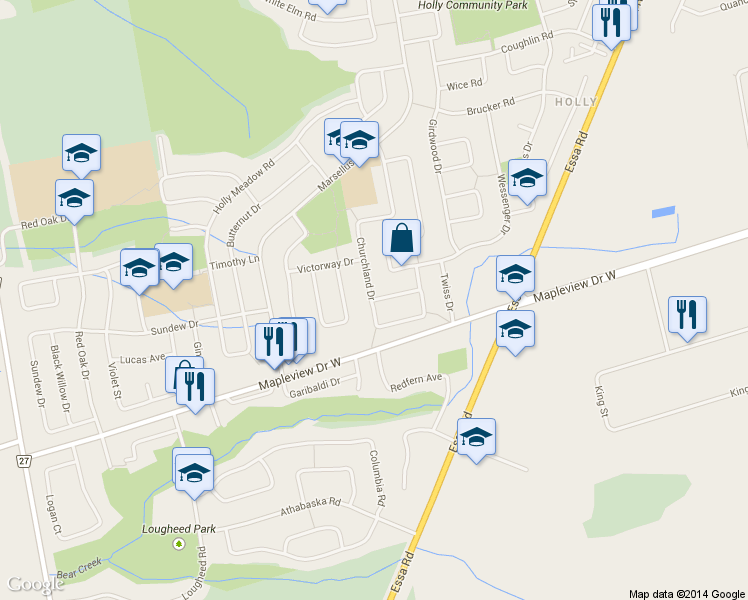 map of restaurants, bars, coffee shops, grocery stores, and more near 1 Charleson Drive in Barrie