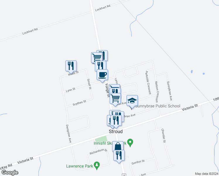 map of restaurants, bars, coffee shops, grocery stores, and more near 8001 Yonge Street in Innisfil