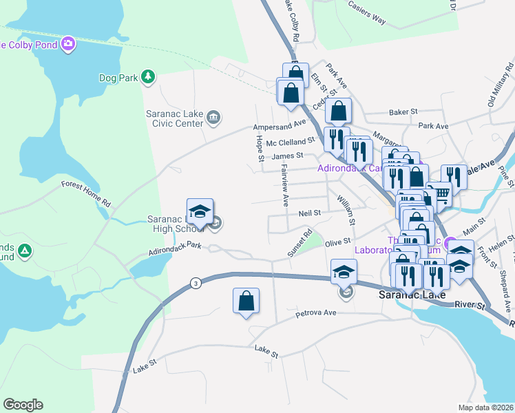 map of restaurants, bars, coffee shops, grocery stores, and more near 44-50 Mcintyre St in Saranac Lake