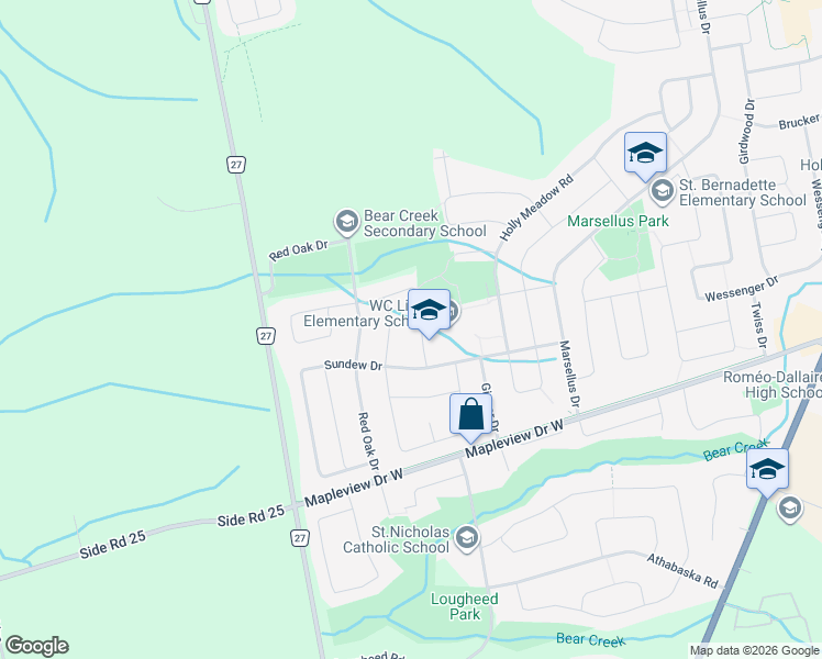 map of restaurants, bars, coffee shops, grocery stores, and more near 16 Bear Creek Drive in Barrie