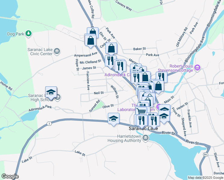 map of restaurants, bars, coffee shops, grocery stores, and more near 11 Neil Street in Saranac Lake