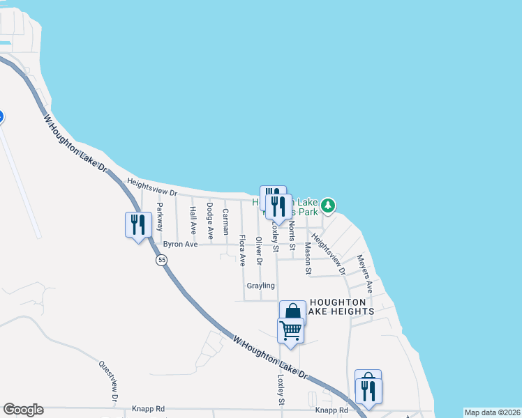 map of restaurants, bars, coffee shops, grocery stores, and more near 1869 Heightsview Drive in Houghton Lake