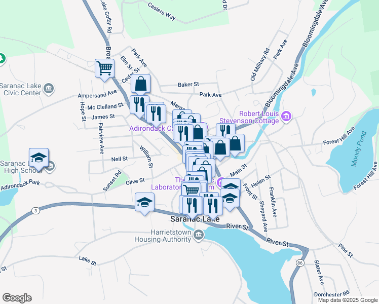 map of restaurants, bars, coffee shops, grocery stores, and more near 3 Bloomingdale Avenue in Saranac Lake