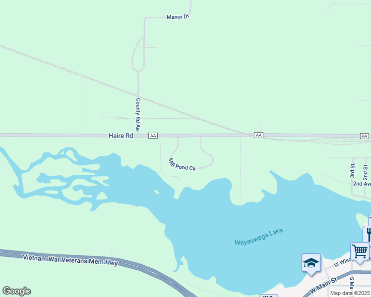 map of restaurants, bars, coffee shops, grocery stores, and more near 1002 Mill Pond Circle in Weyauwega