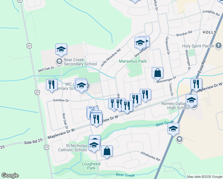 map of restaurants, bars, coffee shops, grocery stores, and more near 91 Butternut Drive in Barrie