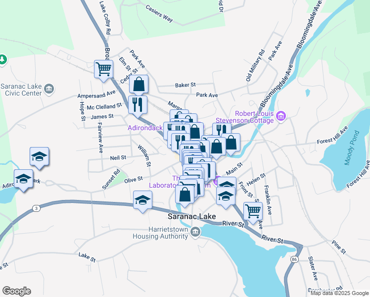 map of restaurants, bars, coffee shops, grocery stores, and more near 3 Bloomingdale Avenue in Saranac Lake