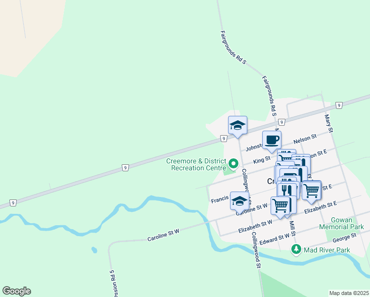 map of restaurants, bars, coffee shops, grocery stores, and more near 7680 County Road 9 in Creemore