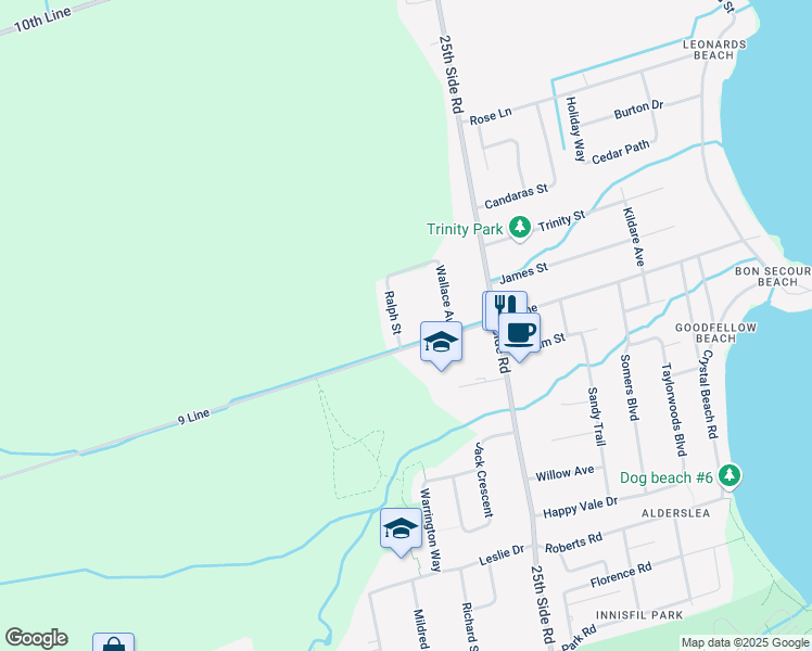 map of restaurants, bars, coffee shops, grocery stores, and more near 2417 Ralph Street in Innisfil
