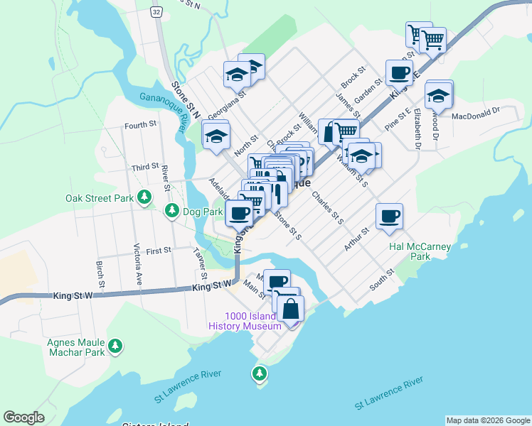 map of restaurants, bars, coffee shops, grocery stores, and more near 89 King Street East in Gananoque