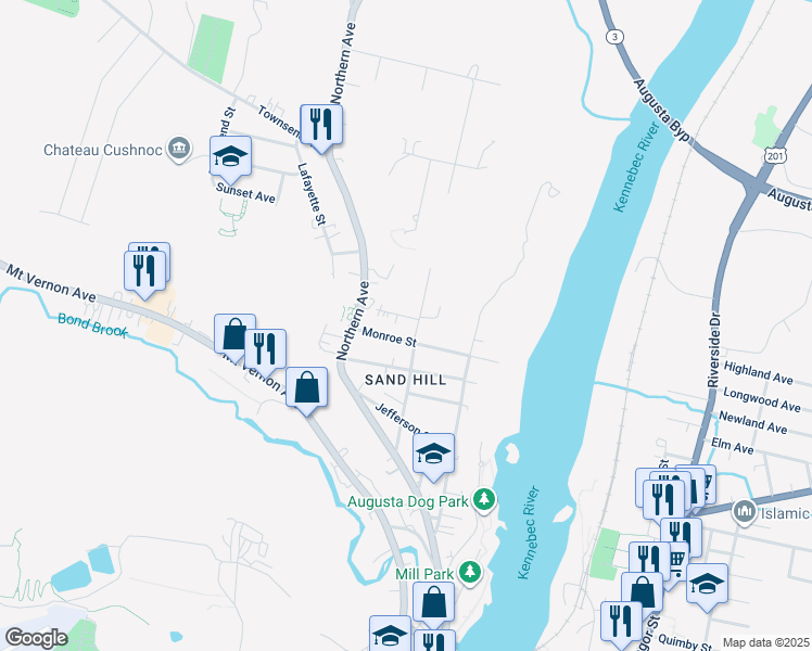 map of restaurants, bars, coffee shops, grocery stores, and more near 57 River Street in Augusta
