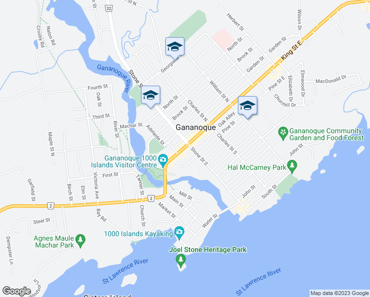 map of restaurants, bars, coffee shops, grocery stores, and more near 89 King Street East in Gananoque