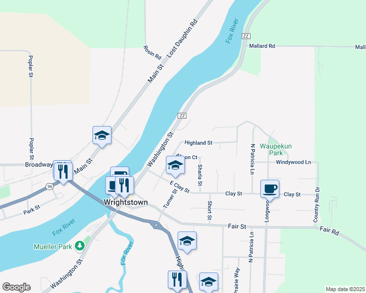 map of restaurants, bars, coffee shops, grocery stores, and more near 381 Highland Street in Wrightstown