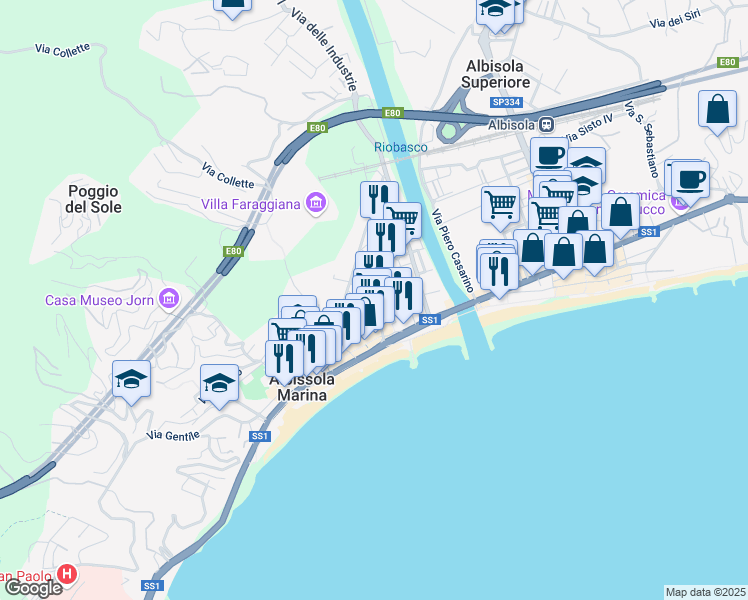 map of restaurants, bars, coffee shops, grocery stores, and more near 41 Via del Forte in Albissola Marina