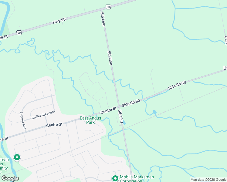 map of restaurants, bars, coffee shops, grocery stores, and more near 8906 Line 5 in Angus