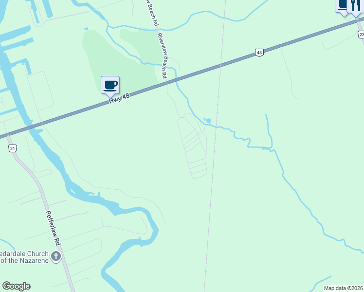map of restaurants, bars, coffee shops, grocery stores, and more near 13 Horseshoe Circle in Georgina