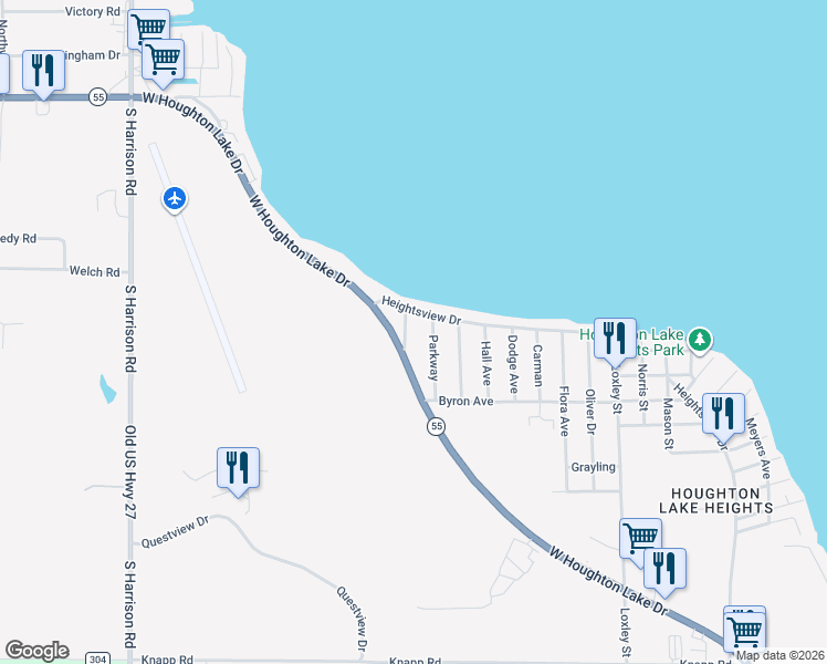 map of restaurants, bars, coffee shops, grocery stores, and more near 109-111 Scenic Ave in Roscommon Township