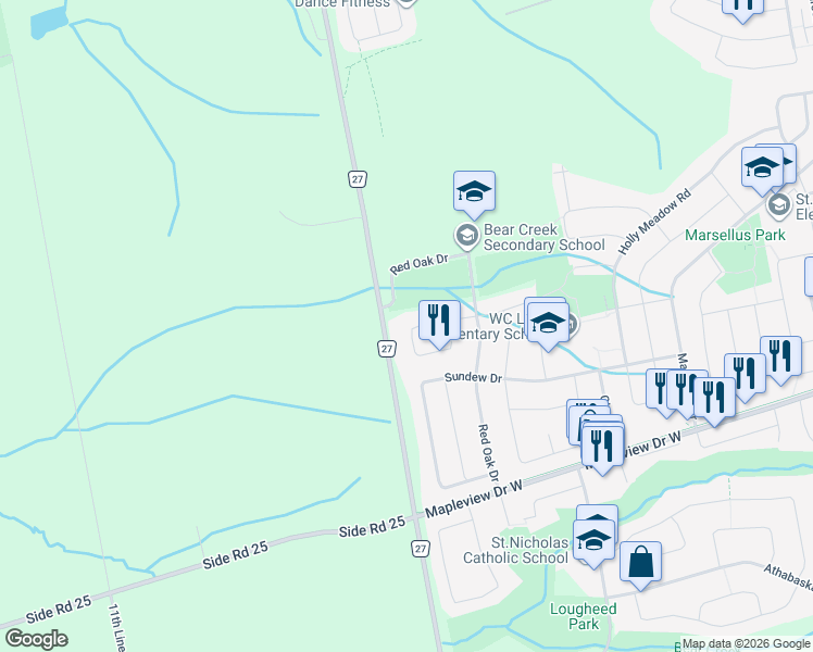 map of restaurants, bars, coffee shops, grocery stores, and more near 28 Hubbert Crescent in Barrie